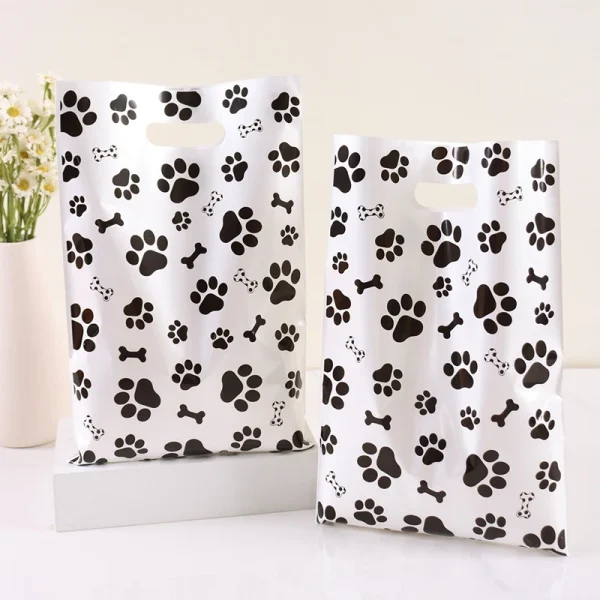 10/20/50pcs Dog Paw Black White Gift Bags with Handle - Plastic Animal Theme Party Decoration Candy Goodie Bags for Pet Treats 5