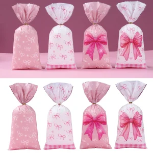 25/50/100pcs Pink Bow Plastic Gift Bags Cute Coquette Bow Party Favor Goodie Treat Bag For Girls Birthday Baby Shower Candy Bags 1