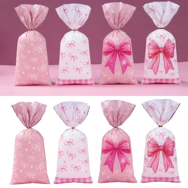 25/50/100pcs Pink Bow Plastic Gift Bags Cute Coquette Bow Party Favor Goodie Treat Bag For Girls Birthday Baby Shower Candy Bags 1