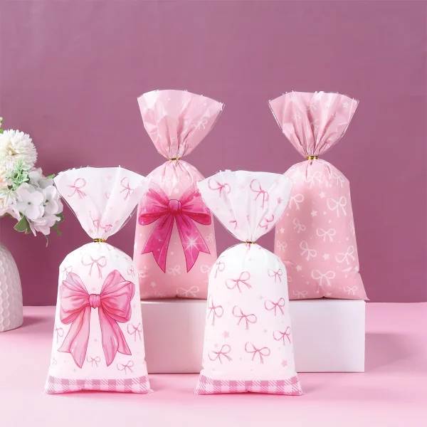 25/50/100pcs Pink Bow Plastic Gift Bags Cute Coquette Bow Party Favor Goodie Treat Bag For Girls Birthday Baby Shower Candy Bags 2
