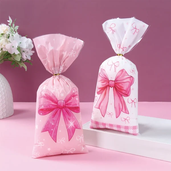 25/50/100pcs Pink Bow Plastic Gift Bags Cute Coquette Bow Party Favor Goodie Treat Bag For Girls Birthday Baby Shower Candy Bags 3