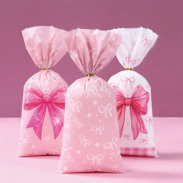 25/50/100pcs Pink Bow Plastic Gift Bags Cute Coquette Bow Party Favor Goodie Treat Bag For Girls Birthday Baby Shower Candy Bags 4