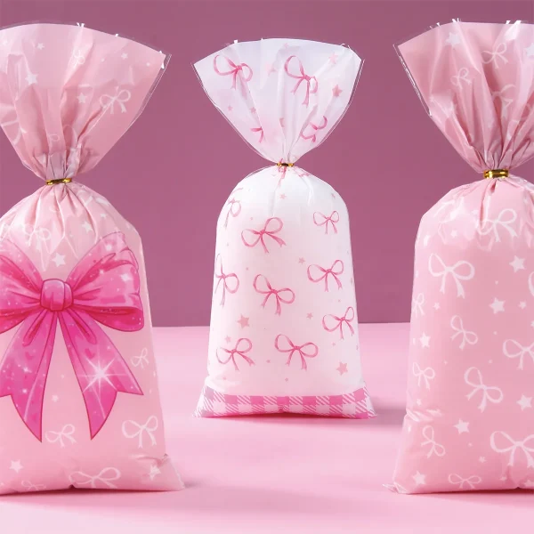 25/50/100pcs Pink Bow Plastic Gift Bags Cute Coquette Bow Party Favor Goodie Treat Bag For Girls Birthday Baby Shower Candy Bags 5