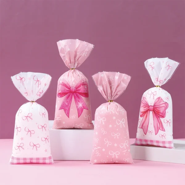 25/50/100pcs Pink Bow Plastic Gift Bags Cute Coquette Bow Party Favor Goodie Treat Bag For Girls Birthday Baby Shower Candy Bags 6