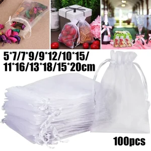 100Pcs White Organza Bags Jewelry Drawstring Pouches Wedding Party Christmas Candy Bags Jewelry Packing 1
