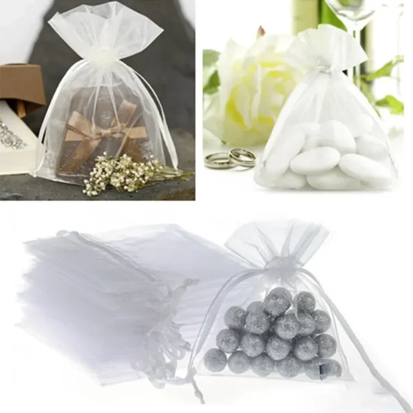100Pcs White Organza Bags Jewelry Drawstring Pouches Wedding Party Christmas Candy Bags Jewelry Packing 3