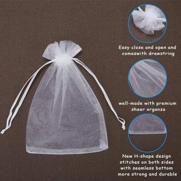 100Pcs White Organza Bags Jewelry Drawstring Pouches Wedding Party Christmas Candy Bags Jewelry Packing 5