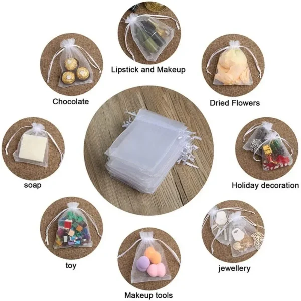 100Pcs White Organza Bags Jewelry Drawstring Pouches Wedding Party Christmas Candy Bags Jewelry Packing 6