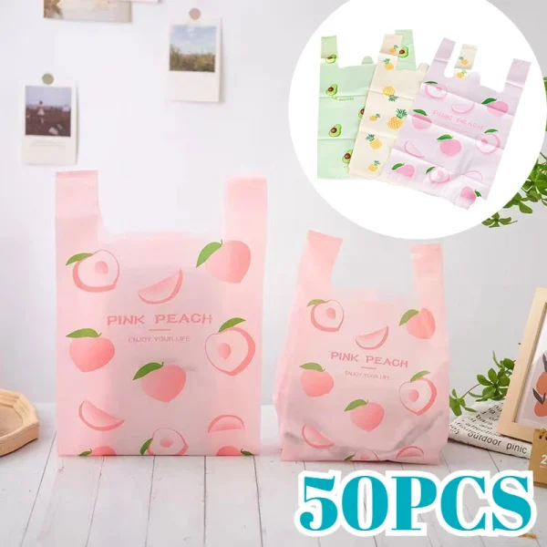 50PCS Colorful Plastic Bag Cute Fruit Pattern Handheld Gift Bag Clothing Kitchen Shopping Party Gift Packaging Reusable 1