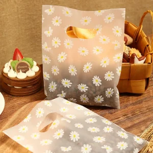 100Pcs/Pack Daisy Pattern Gift Bags With Plastic Handle, Plastic Gift Bags, Perfect for Mother's Day, Parties, Holidays 1