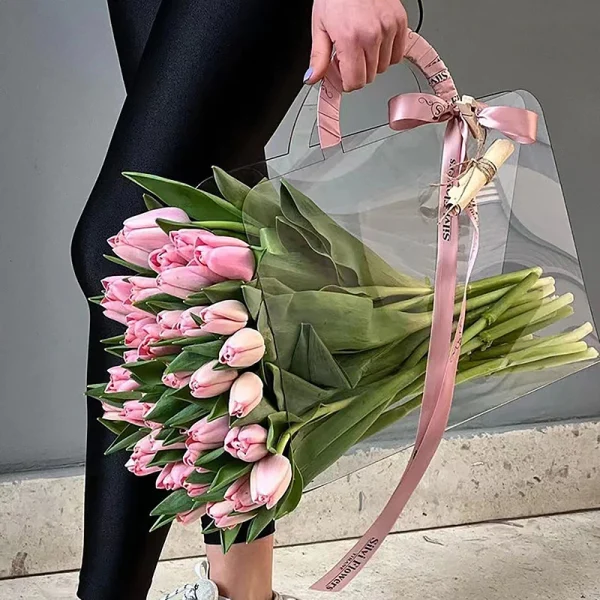 1Pc Transparent PET Fresh Flower Bouquet Handbag Flowers Wrapping Handbag Festivals Party Rose Package Portable Packing Bag 1