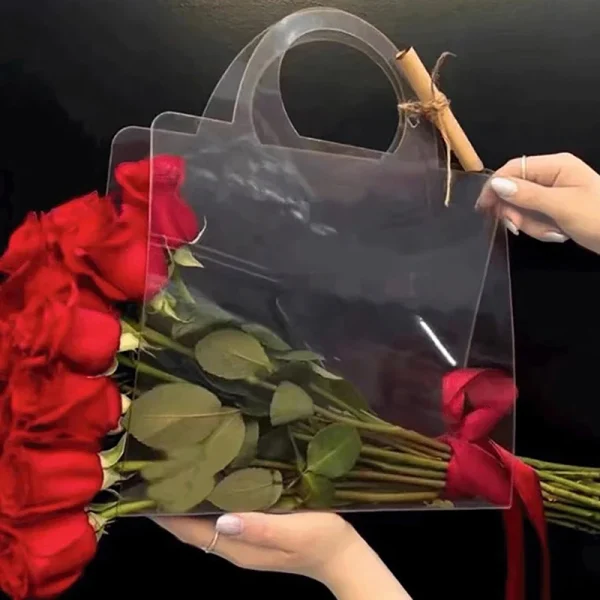 1Pc Transparent PET Fresh Flower Bouquet Handbag Flowers Wrapping Handbag Festivals Party Rose Package Portable Packing Bag 4