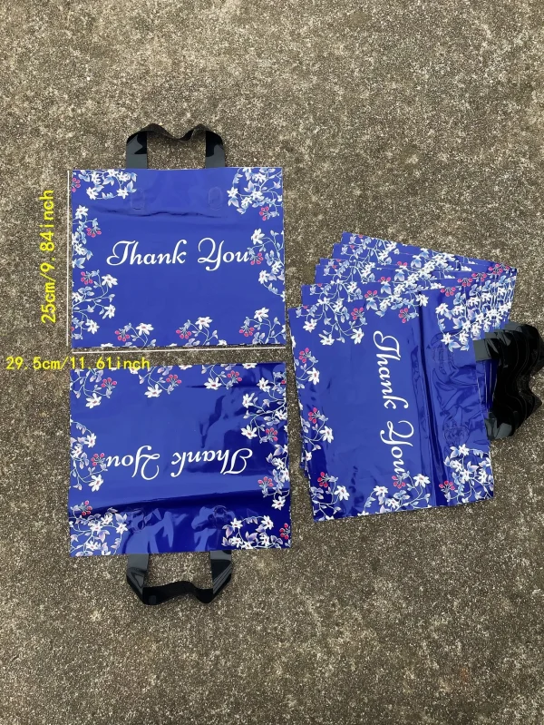 10pcs Blue Flower Shopping Tote, Thank You Printed Gift Dress Shopping Mall Plastic Decorative Bags For Party Activities Shop 2