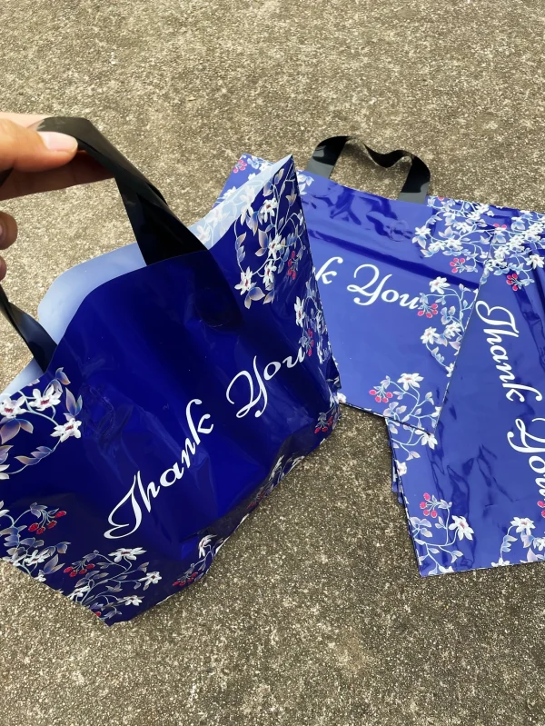 10pcs Blue Flower Shopping Tote, Thank You Printed Gift Dress Shopping Mall Plastic Decorative Bags For Party Activities Shop 3