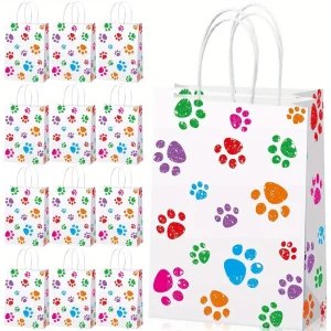 12pcs Colorful Dog Paw Print Paper Candy Bags Gift Bags With Handles For Cat Pet Theme Birthday Party Decorations Favors Decor 1