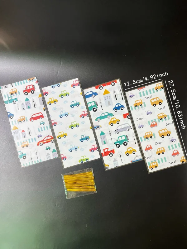 50pcs Lovely Car Design Gift Pack Flat Pocket With Gold Ribbon, Car-themed Party Activities Small Gift Candy Decorative Bags 2