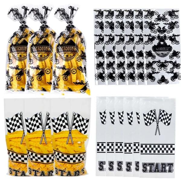 Race Car Theme Gift Bag Motorcycle Treat Candy Bags Checkered Black and White Racing Plastic Bags Kids Birthday Party Favors 1
