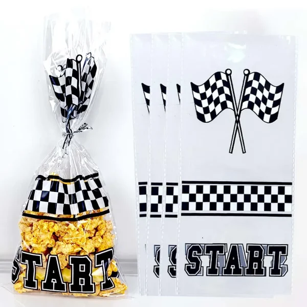 Race Car Theme Gift Bag Motorcycle Treat Candy Bags Checkered Black and White Racing Plastic Bags Kids Birthday Party Favors 6