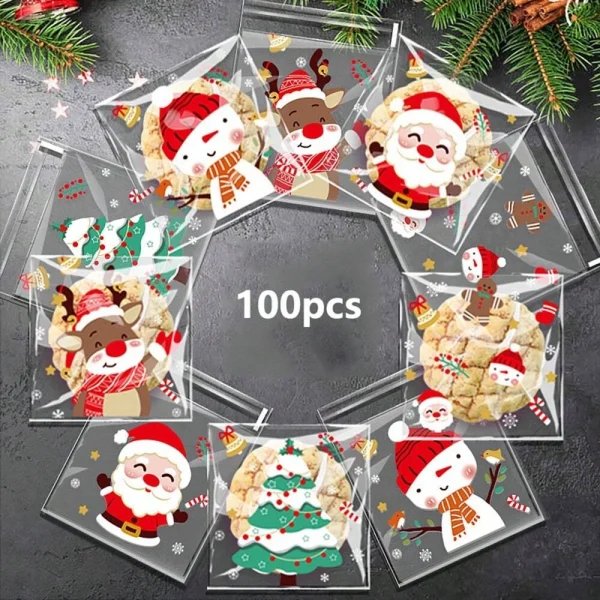 100 Pcs Christmas Festive Cellophane Treat Bags - Disposable Plastic Self-Adhesive Cookie Bags for Holiday Candy, Bakery 1