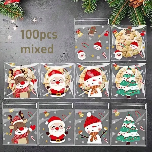 100 Pcs Christmas Festive Cellophane Treat Bags - Disposable Plastic Self-Adhesive Cookie Bags for Holiday Candy, Bakery 2