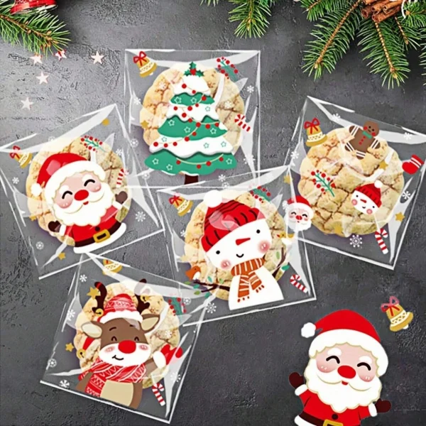100 Pcs Christmas Festive Cellophane Treat Bags - Disposable Plastic Self-Adhesive Cookie Bags for Holiday Candy, Bakery 3