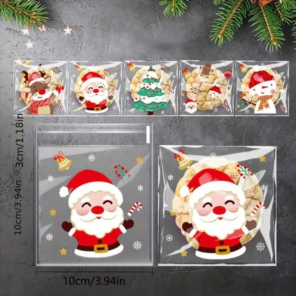 100 Pcs Christmas Festive Cellophane Treat Bags - Disposable Plastic Self-Adhesive Cookie Bags for Holiday Candy, Bakery 4