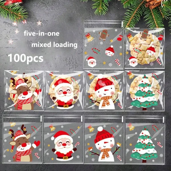 100 Pcs Christmas Festive Cellophane Treat Bags - Disposable Plastic Self-Adhesive Cookie Bags for Holiday Candy, Bakery 5