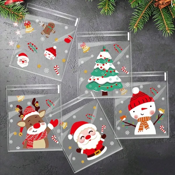 100 Pcs Christmas Festive Cellophane Treat Bags - Disposable Plastic Self-Adhesive Cookie Bags for Holiday Candy, Bakery 6