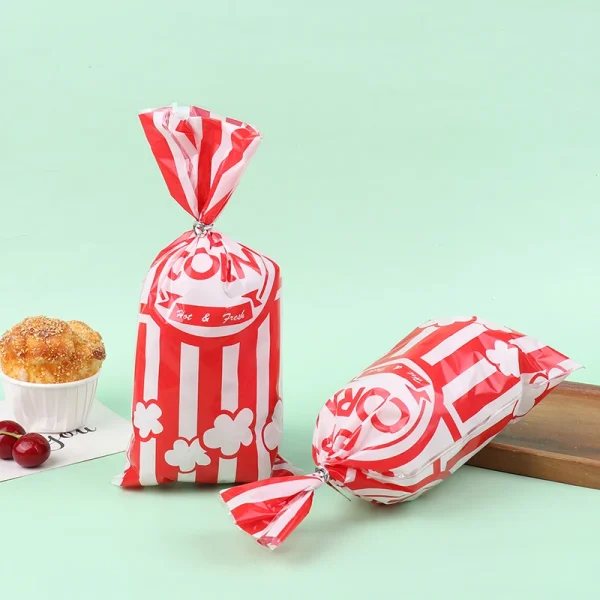 50Pcs Red Vertical Bar Popcorn Plastic Bag Snow Crisp Nougat Biscuit Bread Toast Bag Casual Baked Goods Bag For Birthday Party 2