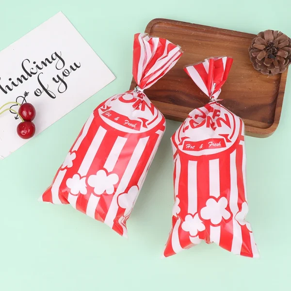 50Pcs Red Vertical Bar Popcorn Plastic Bag Snow Crisp Nougat Biscuit Bread Toast Bag Casual Baked Goods Bag For Birthday Party 3