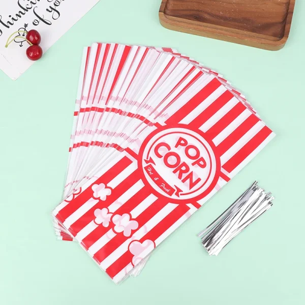 50Pcs Red Vertical Bar Popcorn Plastic Bag Snow Crisp Nougat Biscuit Bread Toast Bag Casual Baked Goods Bag For Birthday Party 4