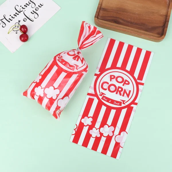 50Pcs Red Vertical Bar Popcorn Plastic Bag Snow Crisp Nougat Biscuit Bread Toast Bag Casual Baked Goods Bag For Birthday Party 5