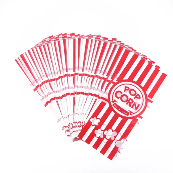 50Pcs Red Vertical Bar Popcorn Plastic Bag Snow Crisp Nougat Biscuit Bread Toast Bag Casual Baked Goods Bag For Birthday Party 6