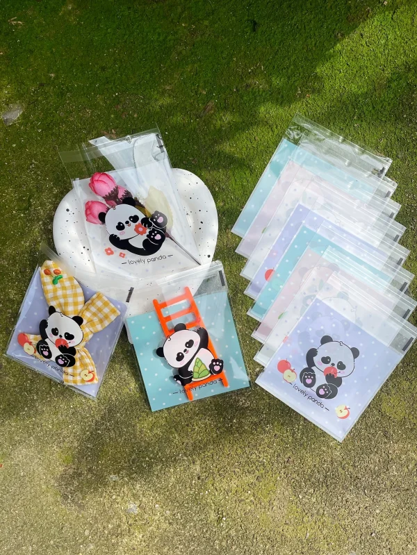 100pcs Cute Panda Design Gift Packaging OPP Self-sealing Bag, Cartoon Animals With Wave Point Printed Gift Packaging Bags 3