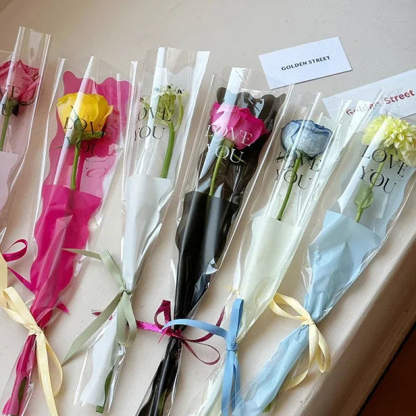 10pcs Single Rose Sleeves Flower Wrapping Bag Bouquet Packaging Bag Clear Cellophane Floral Wrappers Praty Valentine's Day Gift 1