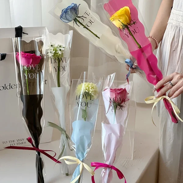 10pcs Single Rose Sleeves Flower Wrapping Bag Bouquet Packaging Bag Clear Cellophane Floral Wrappers Praty Valentine's Day Gift 3