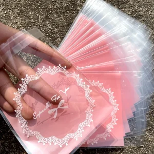 100pcs Pink Square Gift Packaging Opp Self-sealing Bag, Lovely Bow Printing Opp Self-sealed Bag, Gift Candy Packaging Bags 1