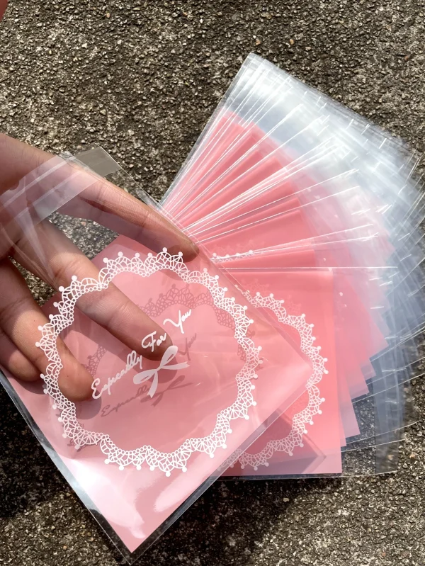 100pcs Pink Square Gift Packaging Opp Self-sealing Bag, Lovely Bow Printing Opp Self-sealed Bag, Gift Candy Packaging Bags 1