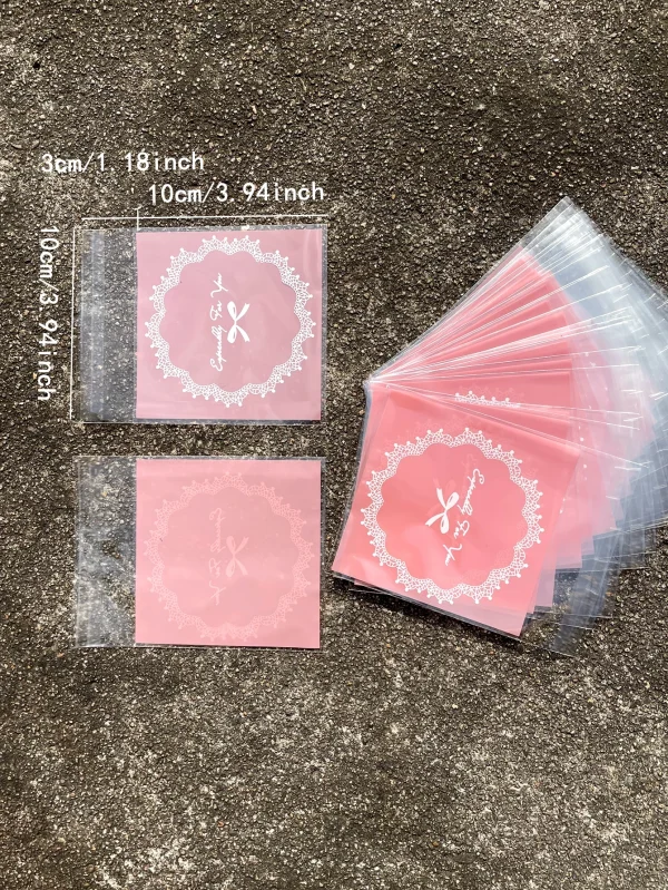 100pcs Pink Square Gift Packaging Opp Self-sealing Bag, Lovely Bow Printing Opp Self-sealed Bag, Gift Candy Packaging Bags 3
