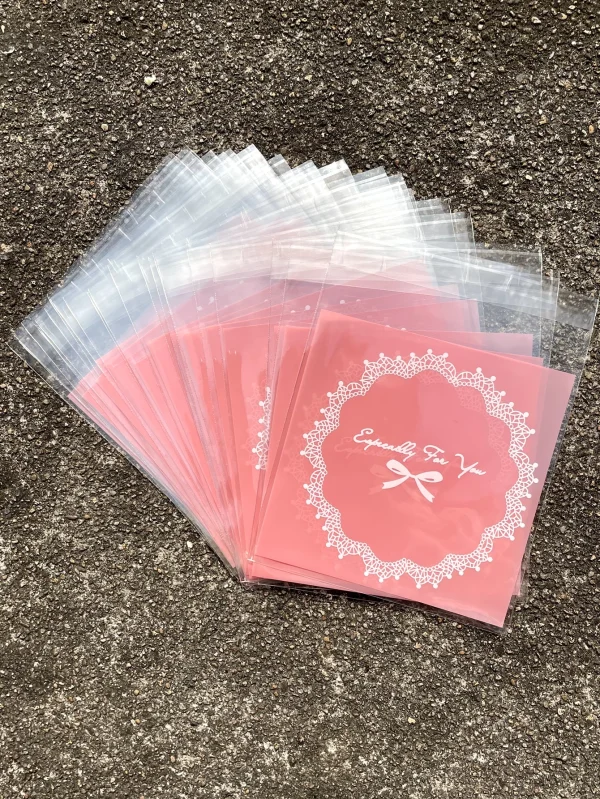 100pcs Pink Square Gift Packaging Opp Self-sealing Bag, Lovely Bow Printing Opp Self-sealed Bag, Gift Candy Packaging Bags 5