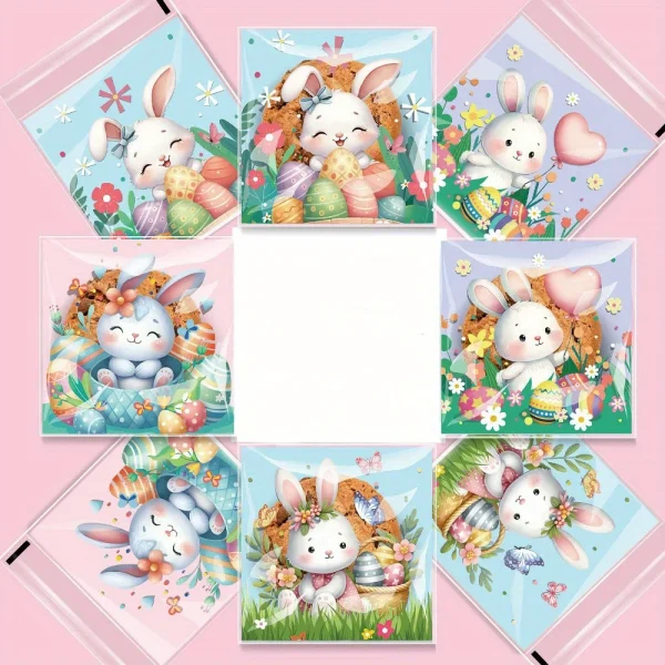 100pcs Easter Cellophane Treat Bags, Self Sealing Candy Cookie Bags Clear Cute Bunny Pattern Plastic Self-Adhesive Bag 1