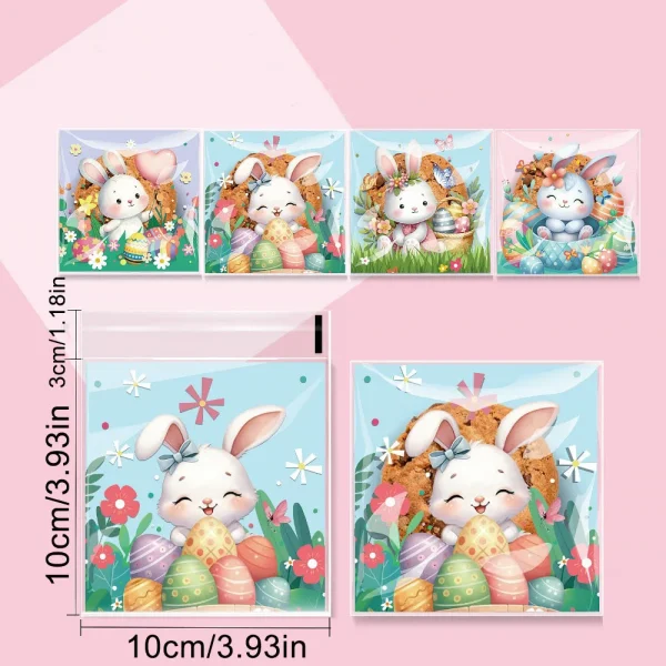 100pcs Easter Cellophane Treat Bags, Self Sealing Candy Cookie Bags Clear Cute Bunny Pattern Plastic Self-Adhesive Bag 2