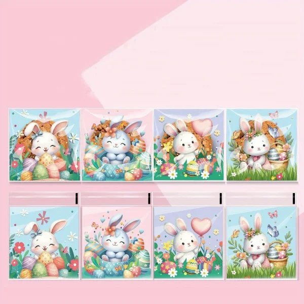 100pcs Easter Cellophane Treat Bags, Self Sealing Candy Cookie Bags Clear Cute Bunny Pattern Plastic Self-Adhesive Bag 4