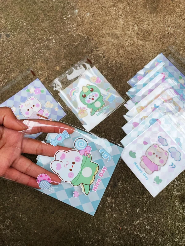 100pcs Cute White Bear And Bunny Pattern Gift Decoration Opp Self-sealing Bag, Cartoon Printed Gift Card Decoration Opp Bags 1