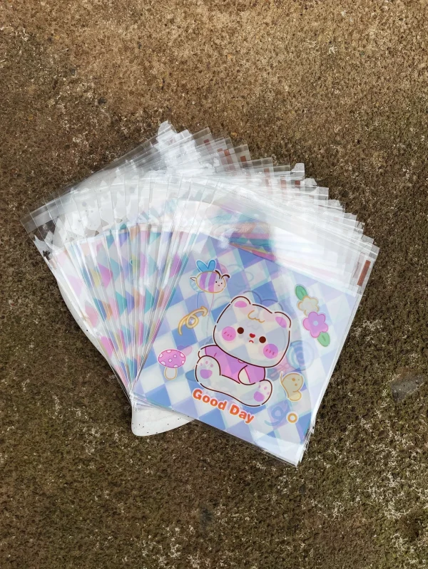 100pcs Cute White Bear And Bunny Pattern Gift Decoration Opp Self-sealing Bag, Cartoon Printed Gift Card Decoration Opp Bags 3