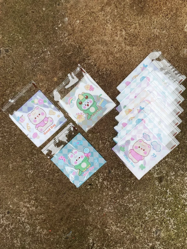 100pcs Cute White Bear And Bunny Pattern Gift Decoration Opp Self-sealing Bag, Cartoon Printed Gift Card Decoration Opp Bags 4