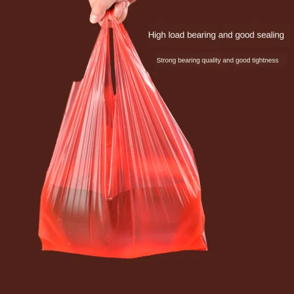 50pcs Red Plastic Bag Supermarket Grocery Gift Shopping Bag Thicken with Handle Vest Bag Kitchen Storage Clean Garbage Bag 4