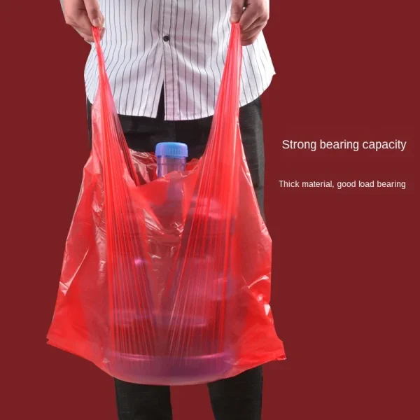 50pcs Red Plastic Bag Supermarket Grocery Gift Shopping Bag Thicken with Handle Vest Bag Kitchen Storage Clean Garbage Bag 5