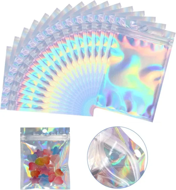 10Pc Smell Proof Mylar Bags Resealable Odor Proof Bags Holographic Packaging Pouch Bag With Clear Window For Food 1