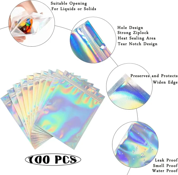 10Pc Smell Proof Mylar Bags Resealable Odor Proof Bags Holographic Packaging Pouch Bag With Clear Window For Food 5